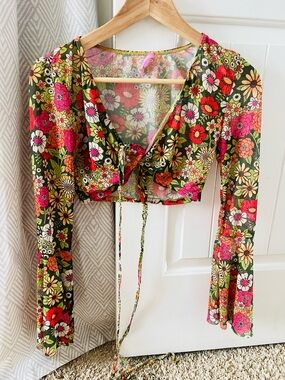 Sugar Thrillz Sheer Floral Tie Front Top Bell Sleeve Mesh Crop 70s Retro